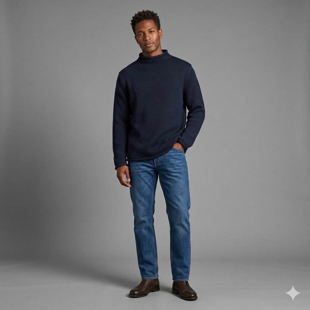 Vintage J.Crew 100% Cotton Knit Mock Neck Sweater Mens Large Navy Blue Preppy